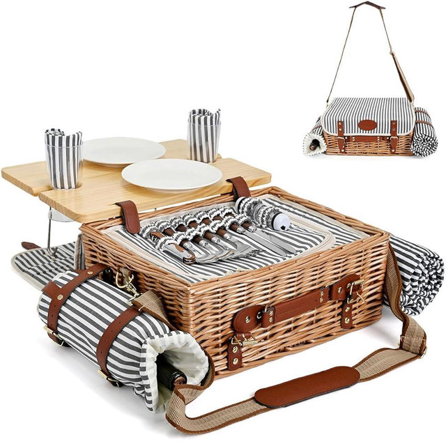 Multifunctional Wicker Picnic Basket Set for 2 with Blanket and Picnic Table, Insulated Picnic Set with Full Tablewares for Camping Outdoor Couples, Stripes