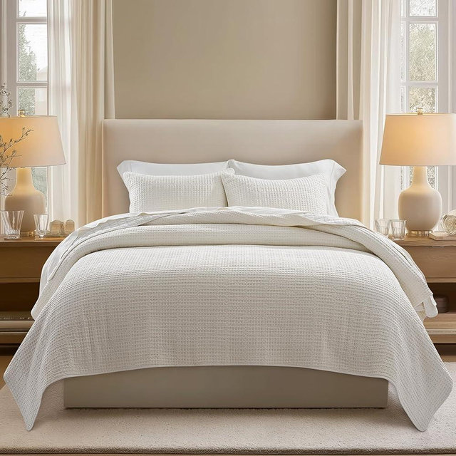 EVERGRACE Stonewashed 100% Natural Cotton Waffle Quilt Set King Size 3 Pieces, Soft, Breathable & Substantial Bedding, Quilted Coverlet Bedspread with 2 Shams for All Seasons, Bright White