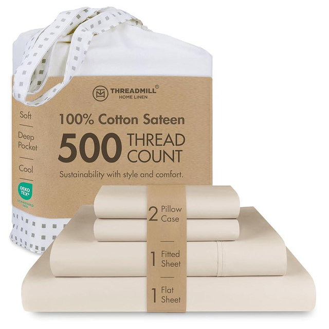 Threadmill - Hotel Luxury Cotton Sheets King Size 100% Cotton, 500 Thread Count Deep Pocket, Snug Fit, Soft & Crisp Cooling Hotel-Quality Bedsheets 4 Piece Set (King, Beige)