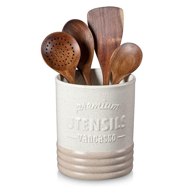 vancasso Sabine Utensil Holder, 7.2" Large Utensil Crock for Kitchen Counter, Ceramic Utensil Crock Storage, Matte Cream-Colored Farmhouse Utensil Organizer, Utensil Storage for Home Décor, Perfect Gifts