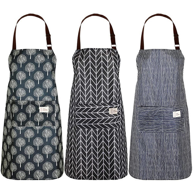 3 Pieces Women Cotton Linen Apron with Pockets Adjustable Cooking Aprons Kitchen Bib Apron for Kitchen Cooking Baking Household Cleaning, Forest, Stripe and Checkered Style (Black and Grey)