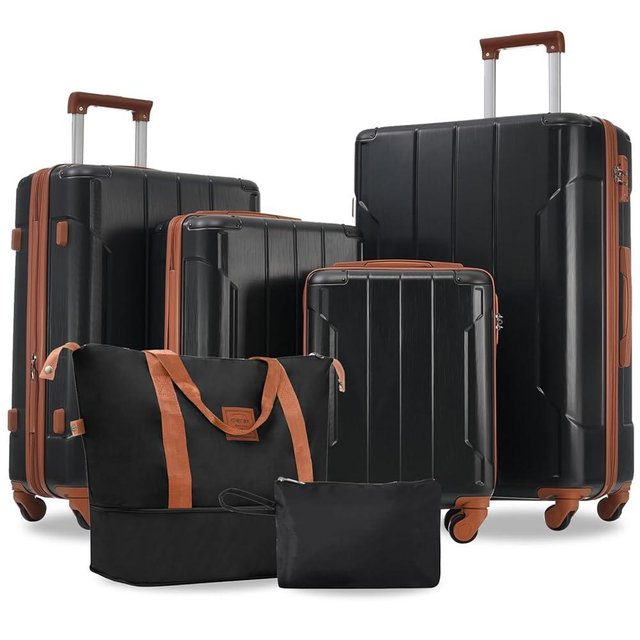 Merax Luggage Set 6 Piece Expandable Lightweight ABS Hardshell Suitcases with Wheels, Corner Guards (Black Brown, 6 piece set)