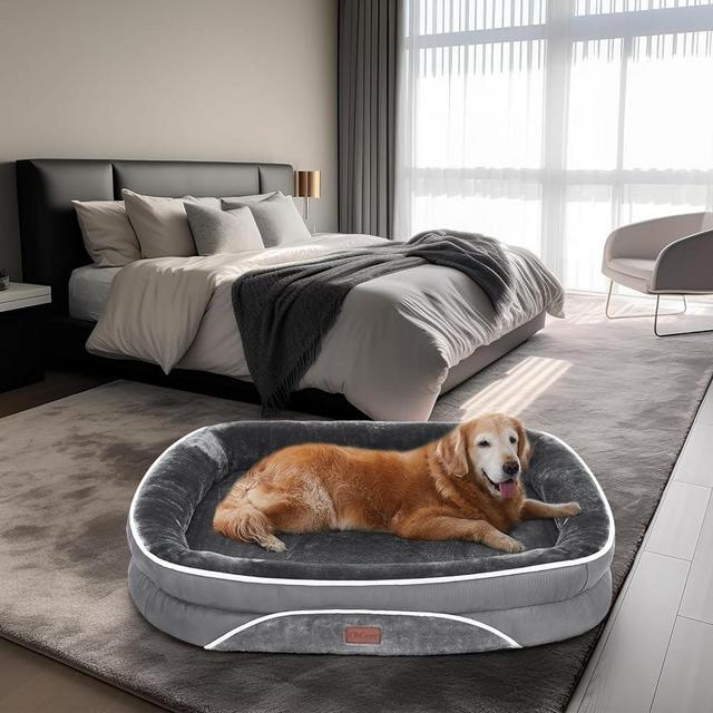 OhGeni Orthopedic Dog Bed for Large Dogs, Oversized Couch Design with Egg Foam Support, Removable, Machine Washable Plush Cover and Non-Slip Bottom with Four Sided Bolster Cushion (Gray)