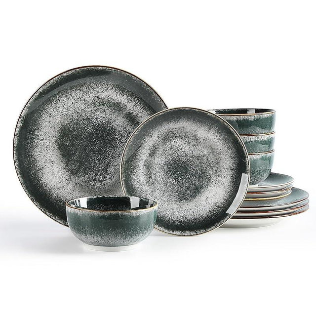 Sweejar Dinnerware Sets Service for 4,12 pcs Porcelain Plates and Bowls for Kitchen, Housewaring Gift,Chip and Scratch Resistant Dish Set,Handmade Dishwasher and Microwave Safe Plate Set,Dark Green