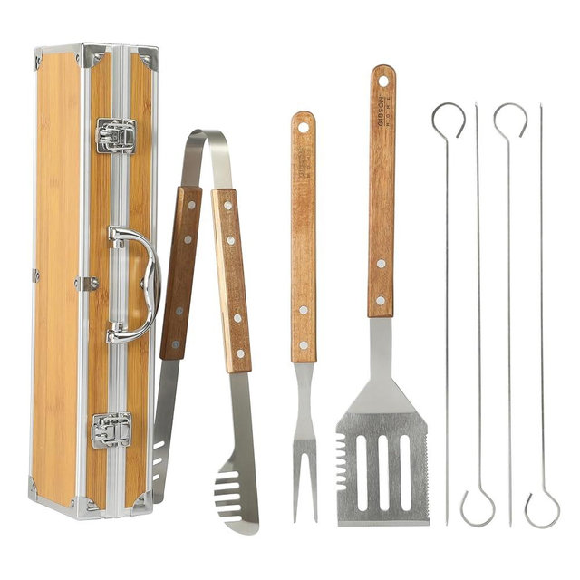 Gibson Home Barbeque Pro 8 Piece BBQ Tools W/Acacia Wood Handles and Aluminum Storage Box