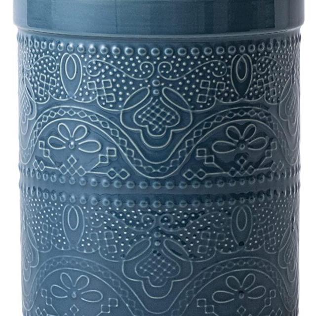 Fun Elements Kitchen Utensil Holder, 7.2" Super Large Utensil Crock Heavy and Stable Lace Emboss Ceramic Utensil Holder for Kitchen Counter (Grayish Blue)