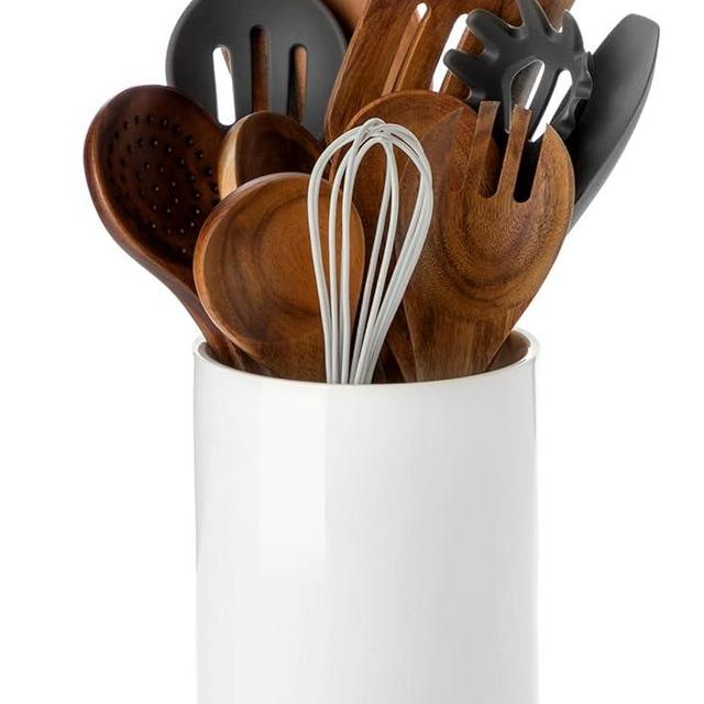 Nucookery Utensil Holder, 6.4" Ceramic Kitchen Utensil Holder with Countertop-Protection Cork Bottom, Farmhouse Kitchen Decor for Counter (White)