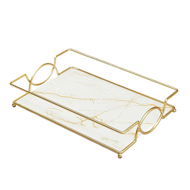 Virvia Vanity Tray Luxury Bathroom Counter Tray Glass Perfume Organizer Holder Cosmetics Makeup Skincare Display Decorative Vanity Trays for Bathroom Dresser Bedroom (Platinum, L)