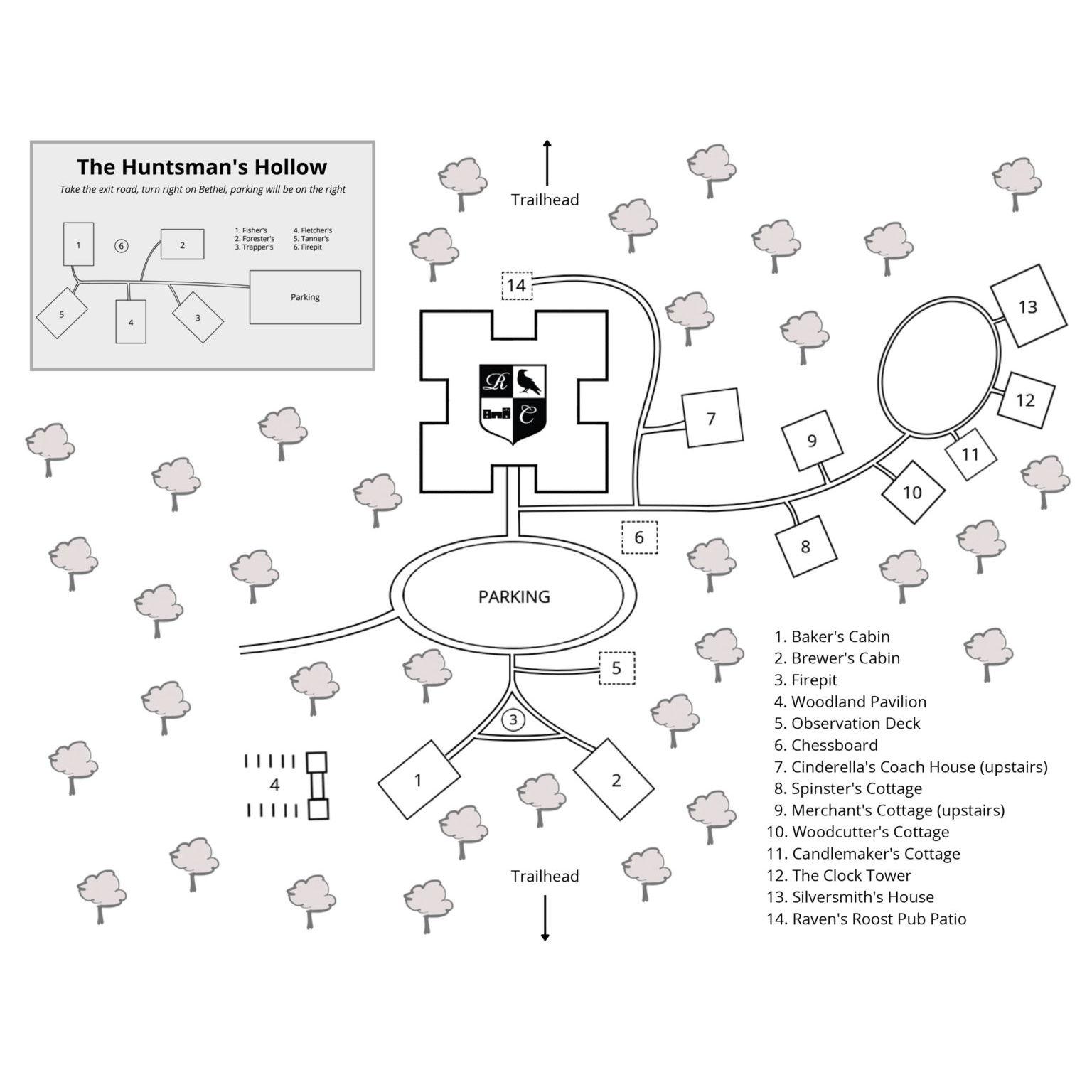 A map of the castle grounds, including the ceremony area in the woods, the medieval village, and the Huntsman's hallow cabins.