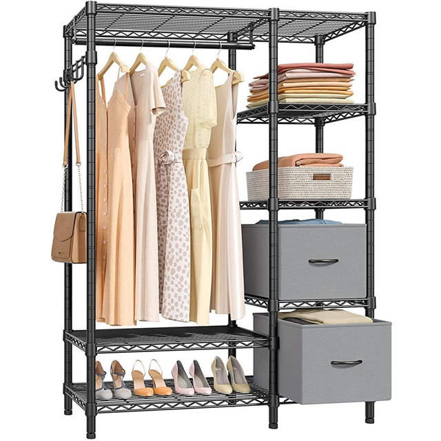 VIPEK V7 Wire Garment Rack 6 Tiers Heavy Duty Clothes Rack with 2 Fabric Drawers, Freestanding Wardrobe Closet Metal Clothing Rack for Hanging Clothes, 44.9"L x 16.5"W x 70.9"H, Max Load 562LBS, Black