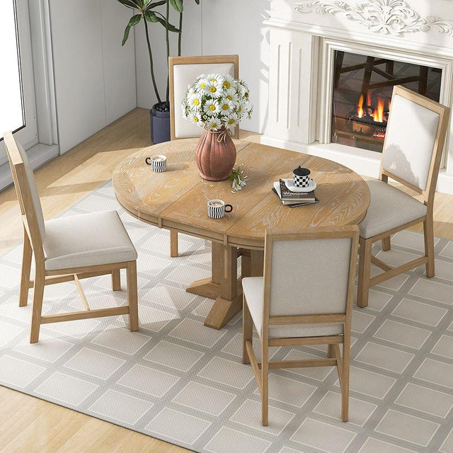 LUMISOL 5 Piece Round Extendable Dining Room Table Set with Chairs for Saving Space Solid Wood Round Kitchen Table Set, Natural Wood Wash