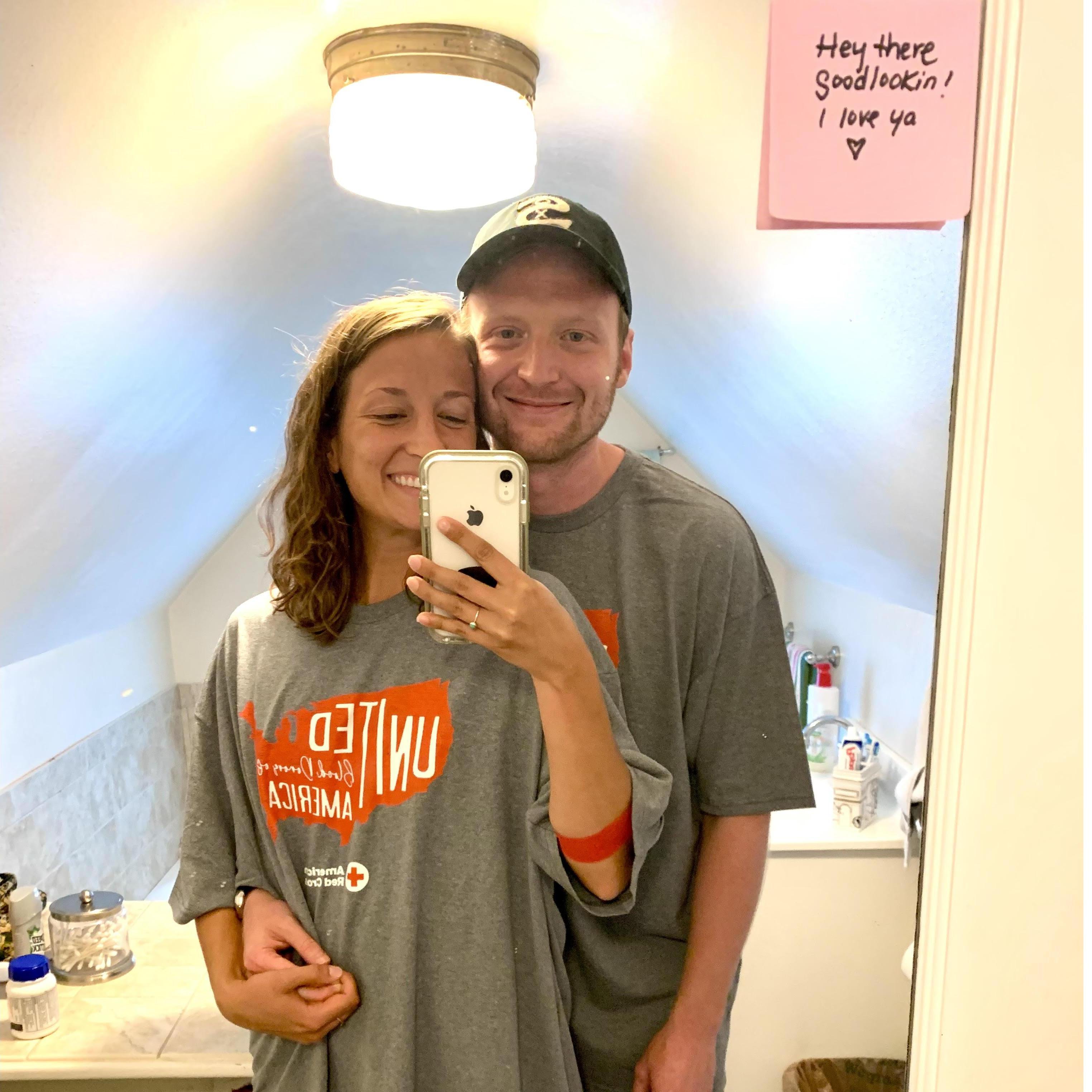 After my nursing assignment ended, I promptly moved back to VA and told Kyle I'd never leave his side again. Here's a pic of our oversized t-shirts given to us for donating blood!