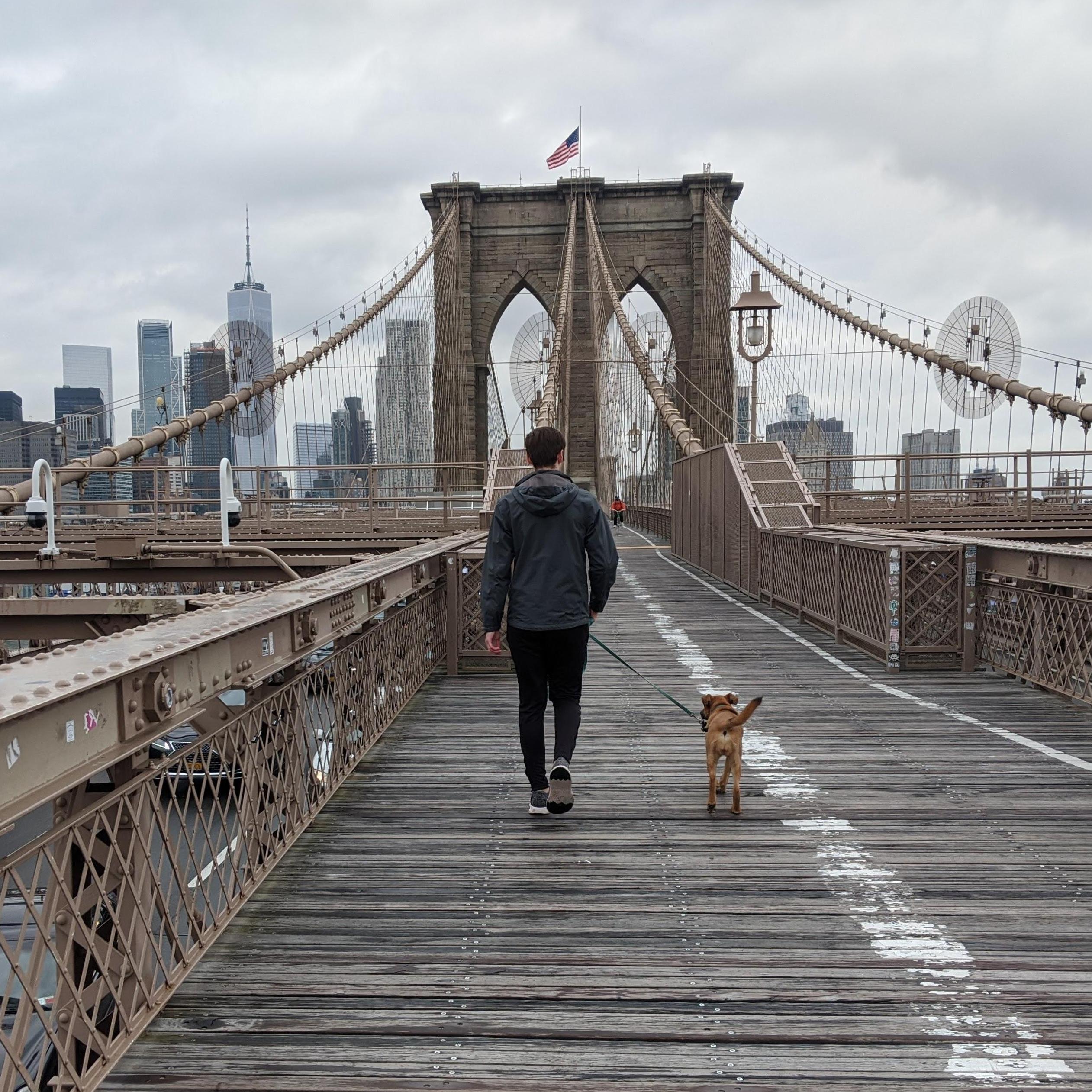Walking across the Brooklyn Bridge.