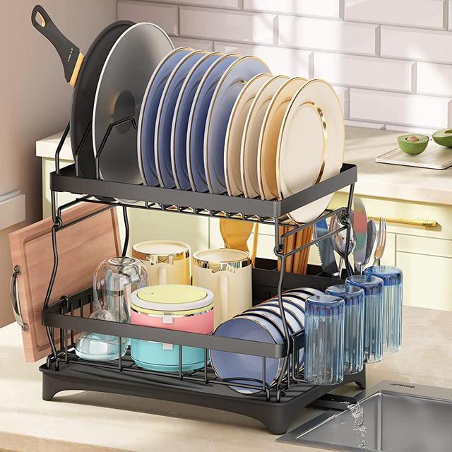 Dish Drying Rack, Detachable 2 Tier Dish Racks for Kitchen Counter with Pot Rack, Large Capacity Dish Drainer with Drainboard Organizer Shelf with Utensil Holder, Cup Rack, Cutting Board Holder, Black