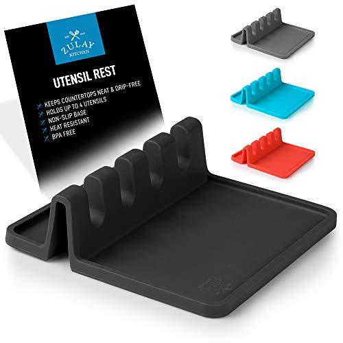 Silicone Utensil Rest with Drip Pad for Multiple Utensils, Heat-Resistant, BPA-Free Spoon Rest & Spoon Holder for Stove Top, Kitchen Utensil Holder for Spoons, Ladles, Tongs & More - by Zulay (Black)