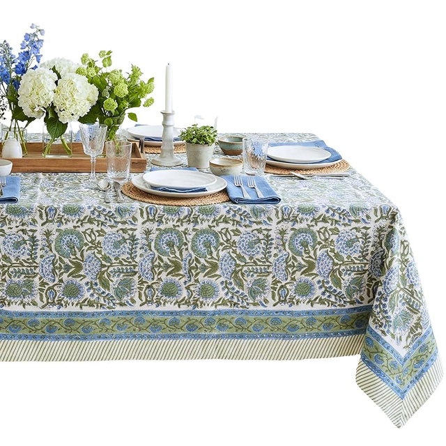 ATOSII Clover Blue 100% Cotton Rectangle Tablecloth, Handblock Floral Print Linen Table Cloth for Kitchen Dining I Parties, Outdoors, Fall Christmas Thanksgiving Holidays I 72 X 108 Inches I 8 Seater