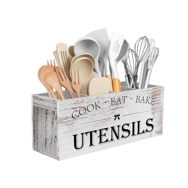 Suli Extra Large Kitchen Utensils Holder with 4 Compartments, Wooden Utensil Organizer for Kitchen Countertop, Farmhouse Kitchen Decor, Rustic Cooking Utensil - White grain