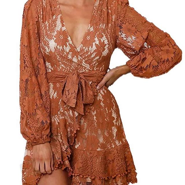 FARYSAYS Womens Long Sleeve V Neck Lace Wrap Mini Dresses
