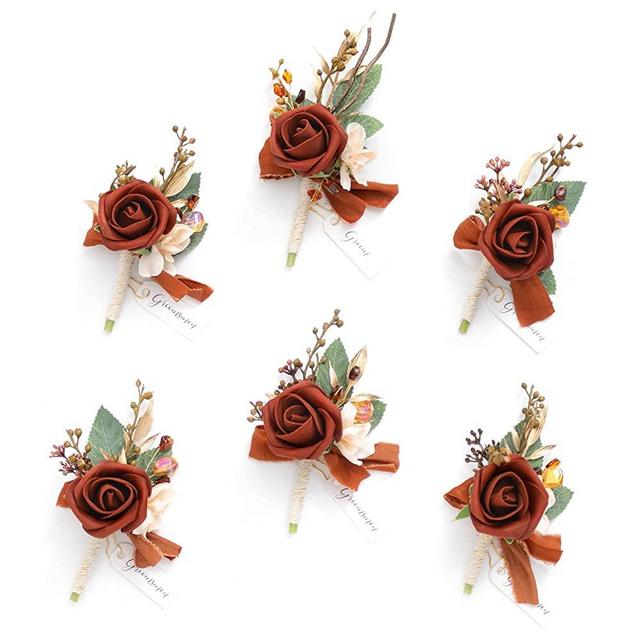 Ling's Moment Set of 6 Boutonniere for Men for Wedding Groom Groomsmen Boutonniere for Wedding Ceremony Anniversary Formal Dinner Party, Terracotta