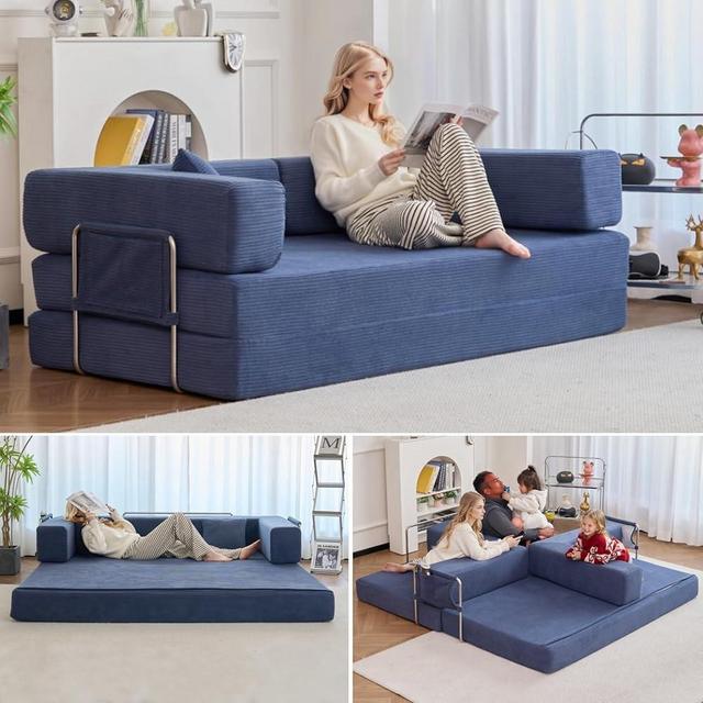 GEARIVY Folding Sofa Bed Convertable Corduroy Couch King Size Floor Sleeper 4-in-1 DIY Combination Modular Sofa Fold Out Futon Lounge Comfy Foldable Lazy cama for Living Room (Royal Blue, 80.15inch)