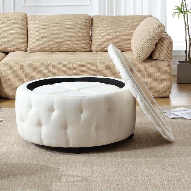 INZOY 36" Wide Storage Ottoman Large with 4 Wheels,Tufted Round Rolling Ottoman with Removable Lid, Coffee Table Seat Inside 4 Stools/Taborets, Fabric White