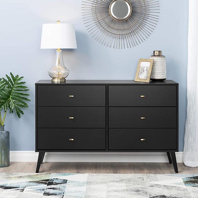 Prepac Milo Mid Century Modern Dresser, 6-Drawer, Black
