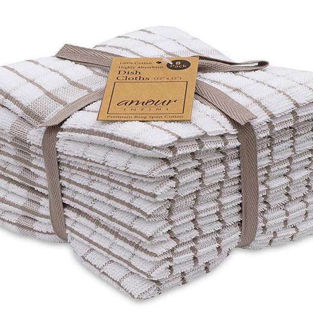 AMOUR INFINI Grid Terry Dish Cloth | Set of 8 | 12 x 12 Inches | Low Lint, Super Soft and Absorbent |100% Cotton Dish Rags | Perfect for Household and Commercial Uses | Beige