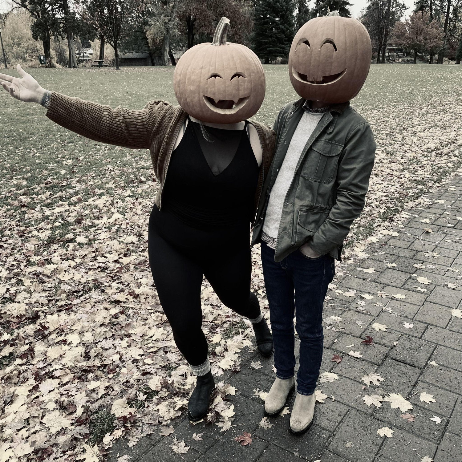 Pumpkin heads for fall, October 2021 (yes those are real pumpkins) (yes Ryan was not stoked on this idea but did it anyway)