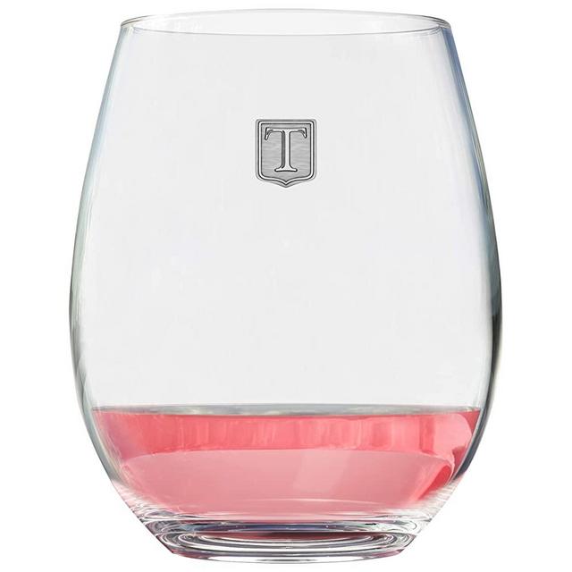 Premium Monogrammed Stemless Wine Glass - Pick Your Letter - Unique Gift Handmade Personalized Polished Pure Pewter Metal Crest - Customized by Fine Occasion (T) - 21oz