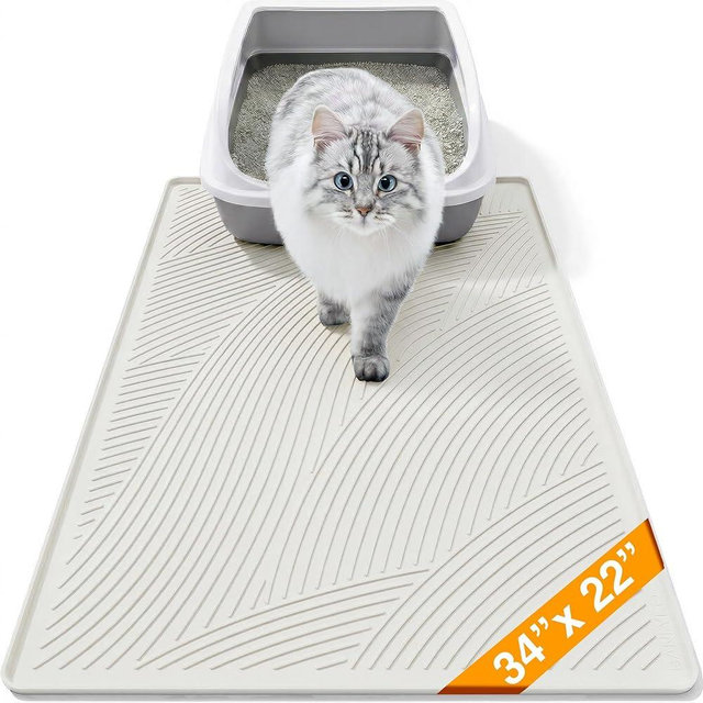 BANLYEO Cat Litter Box Mat - L Large Size 34 x 22 in, Water Proof, Kitty Litter Trapping Mat, Easy to Clean, Scatter Control, Odorless, Pet Supplies for Indoor Cats, Beige Gray