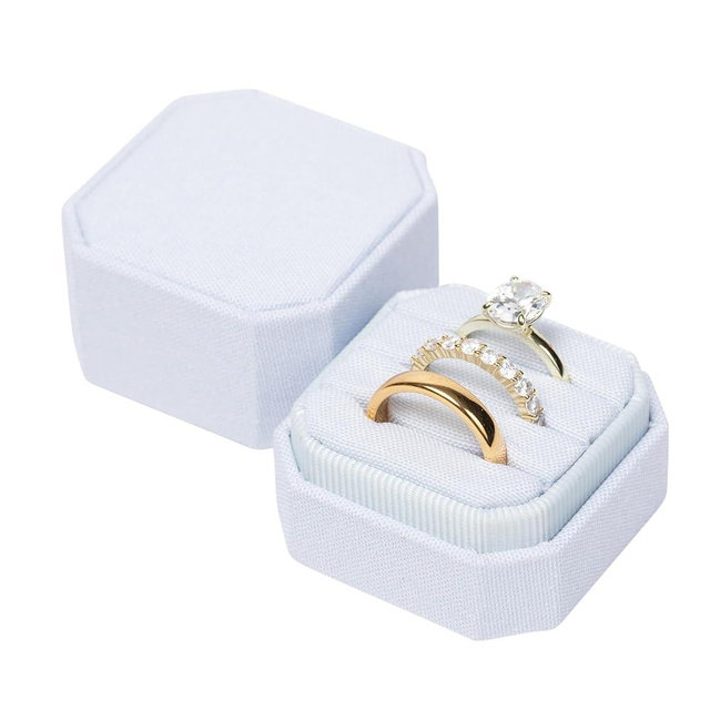 Save The Date Designs Linen Wedding Ring Box, Linen 3 Slot Engagement, Wedding Day Ceremony and Detail Photos, Removable Lid, Square Ring Box, 2"x2"x1.75" (Powder Blue)