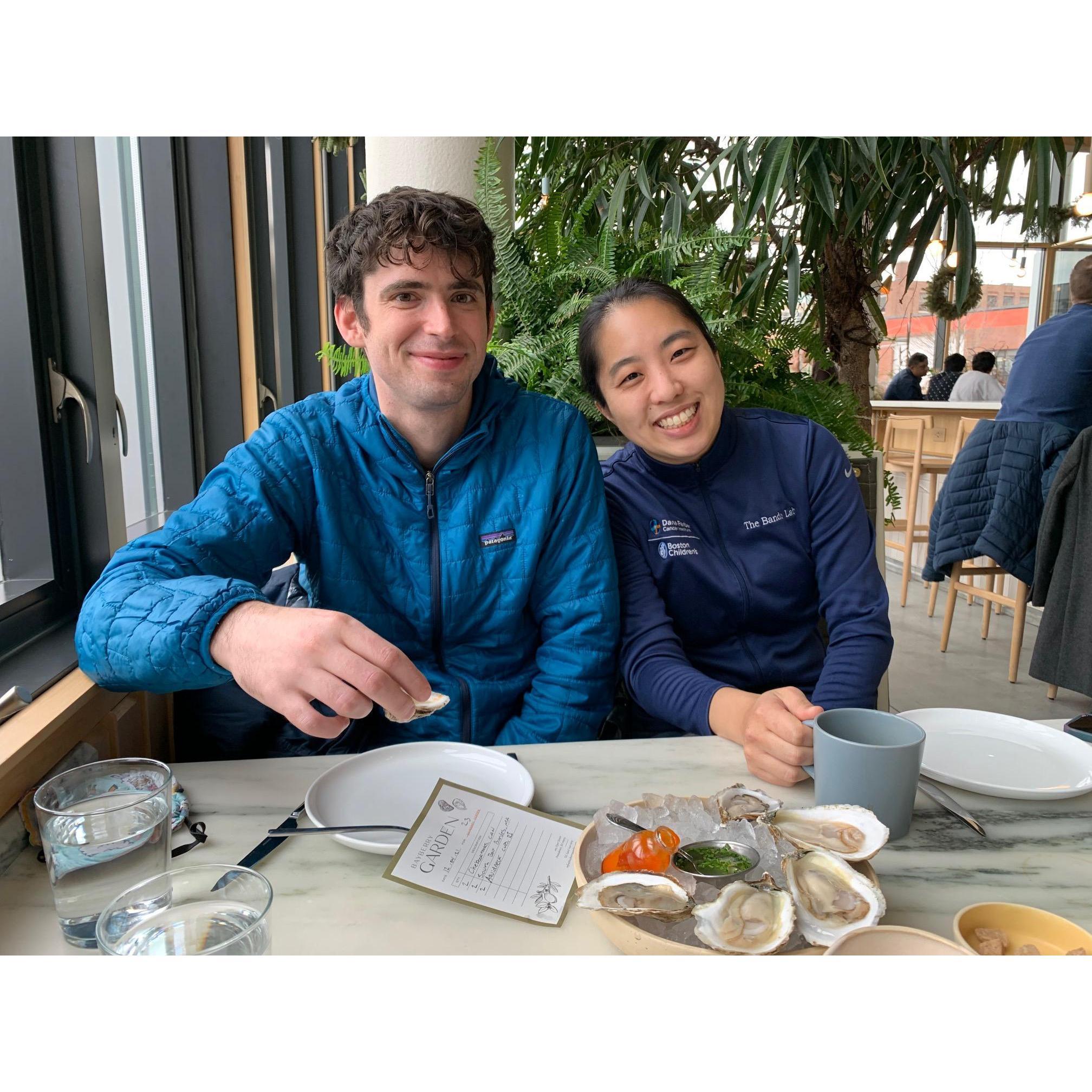 Enjoying coffee and oysters in Rhode Island with our friends.
