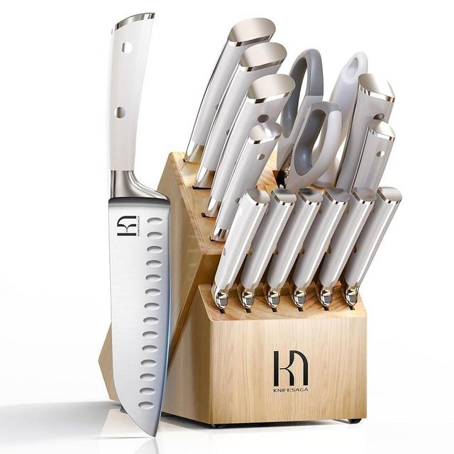 KnifeSaga Knife Set Premium, Japanese 15 Pcs High Carbon Stainless Steel Kitchen Knife Block Set with Sharpener, Razor Sharp Knives Set for Kitchen with Natural Wood Block, Long-Lasting Edge