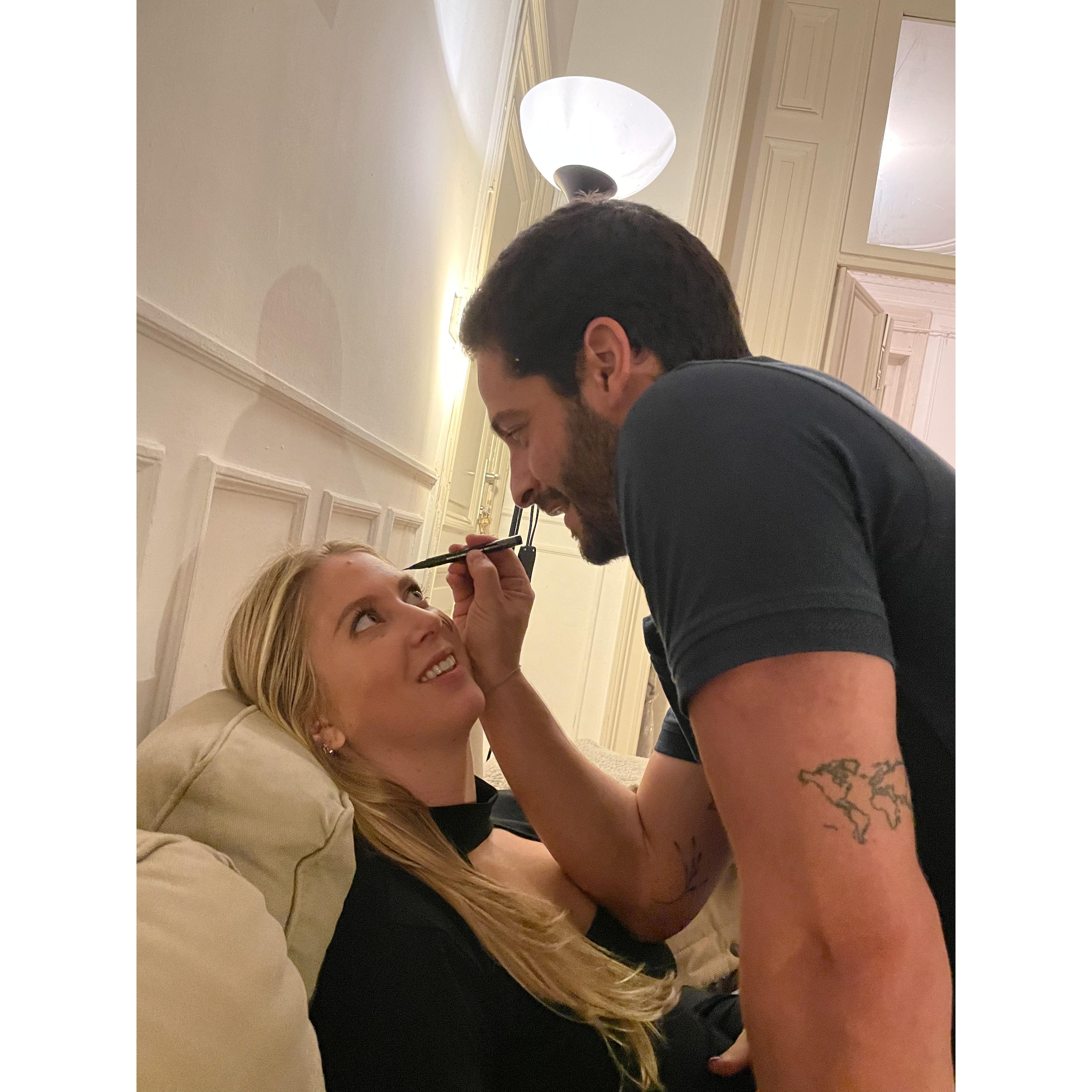 Pedro doing Laura's Halloween makeup in Brussels