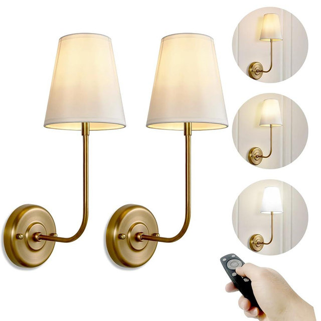TERLEENART Battery Operated Wall Sconce Set of 2, Battery Rechargeable 3 Colors Dimmable Fabric Wall Lights Fixtures with Remote Control for Bedroom, Living Room, Hallway