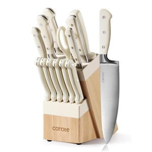 CAROTE 14 Pieces Knife Set with Block, Forged, High Carbon Stainless Steel Sharp Blade Block Knife Set, Dishwasher Safe Cutlery, Cream