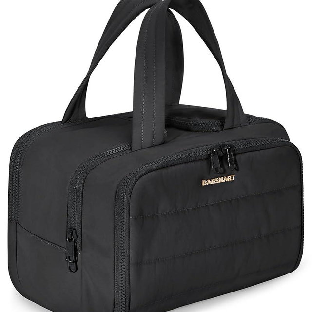 BAGSMART Travel Toiletry Bag, Lightweight Large Wide-open Travel Bag for Women, Puffy Cosmetic Makeup Bag Organizer with Handle for Accessories,Essentials, Toiletries, Black