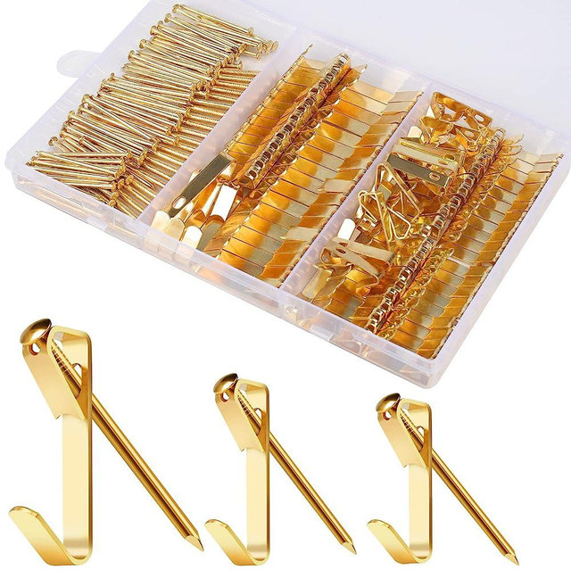184 Pieces Picture Hanging Kit, 20lb, 30lb, and 50lb Picture Hangers, Metal Picture Hanging Hooks with Nails, on Drywall, Wooden Wall(Gold)