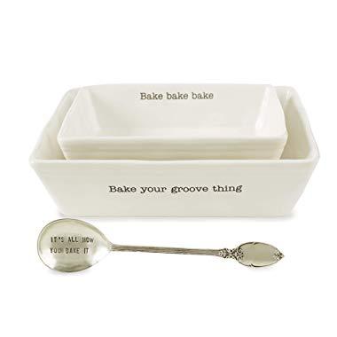 Mud Pie 48010008 Farmhouse Inspired Set of 2 Serving Spoon Baking Dish Set, One Size, White