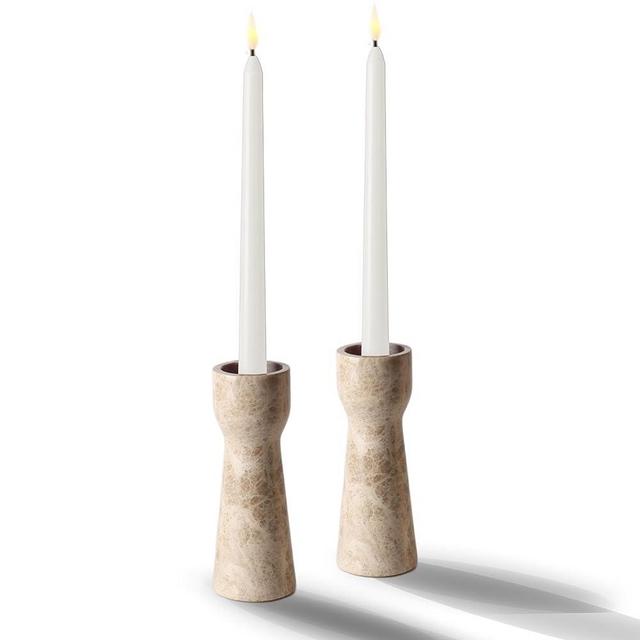 WORHE Candle Holders True Natural Marble Set of 2 Taper Candlestick Holder for Home Dinning Party Wedding Premium Candle Stand Light Brown(WH009)