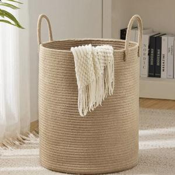 Jute Rope Woven Laundry Hamper Basket by YOUDENOVA, 72L Tall Luandry Basket, Baby Nursery Hamper for Blanket Storage in Bedroom-Large-Jute