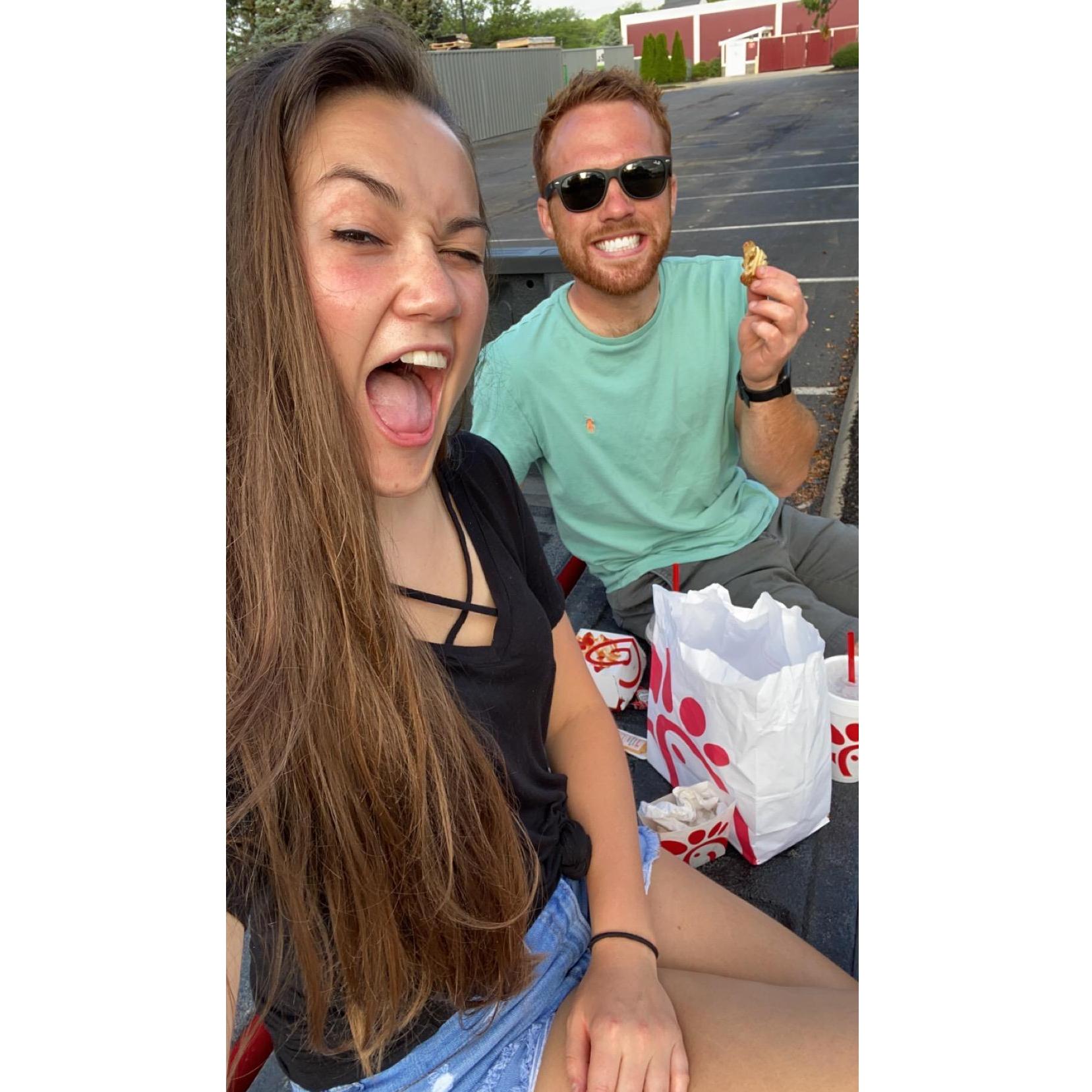 One of our favorite dates. We sat and ate chick-fil-a, in the back of his pick-up, in a Dick's Sporting Goods parking lot. You can imagine the looks we got!