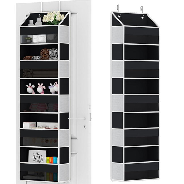 Over Door Organizer - Over The Door Storage Organizer with 5 Large Pockets & 10 Mesh Side Compartments - Heavy-Duty Hanging Storage for Bathroom, Bedroom & Nursery - Room Organizer Solution - Black