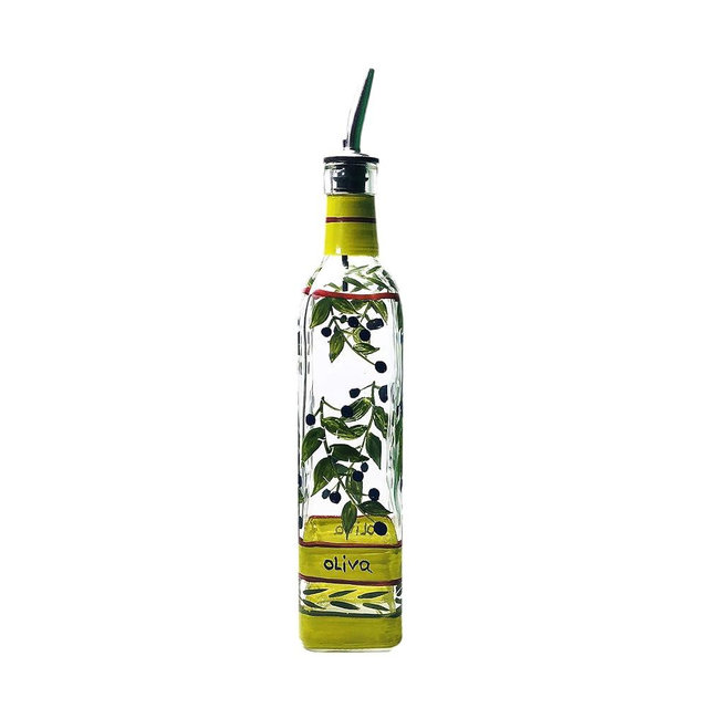 Containly Hand Painted Glass Oliva Branch Oil / Vinegar Glass Cruet for Kitchen, 16 oz Olive Oil Dispenser With Stainless Steel Spout for Easy Pouring