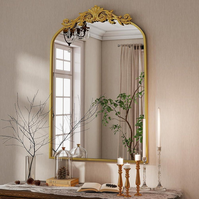 VooBang Vintage Arched Bathroom Mirror, 24x36 Inch Retro Wall Mounted Vanity Mirror with Carved Pattern Top and Metal Frame, Gold Decorative Mirror for Hanging or Leaning