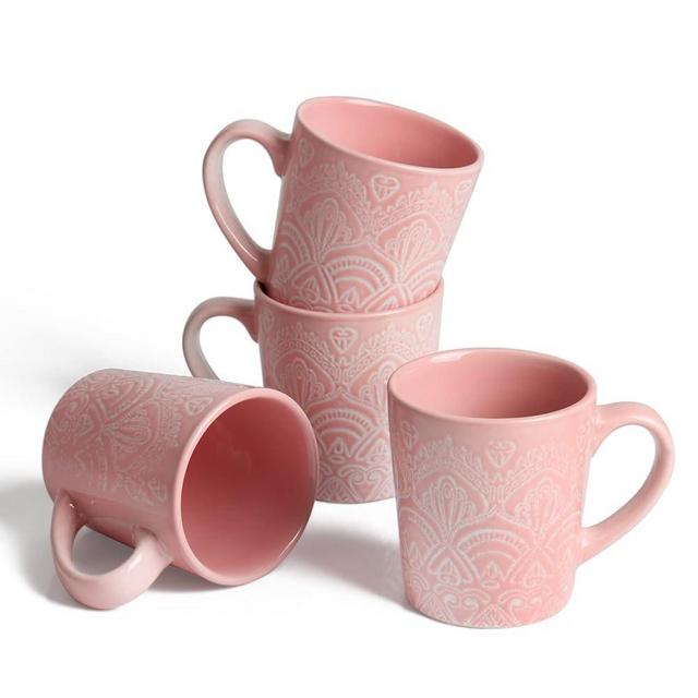 Hannah Choice Set of 4 Ceramic Pink Mugs - Large 11oz Cup with Handle for Coffee and Tea - Microwave and Dishwasher Safe