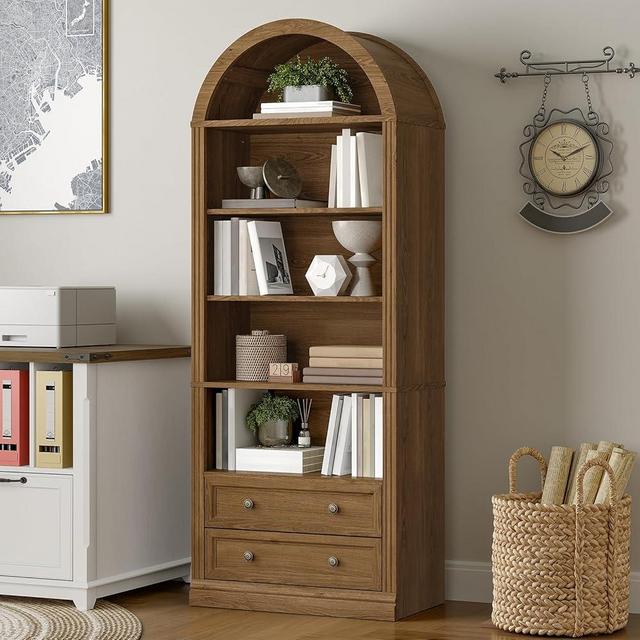 RALGEND Farmhouse Arched Bookshelf, 7 Tiers Arch Bookcase with 2 Spacious Drawers, Modern Book Shelf with Open Display Shelves and Storage Cabinet, for Office, Living Room, Kitchen, Walnut