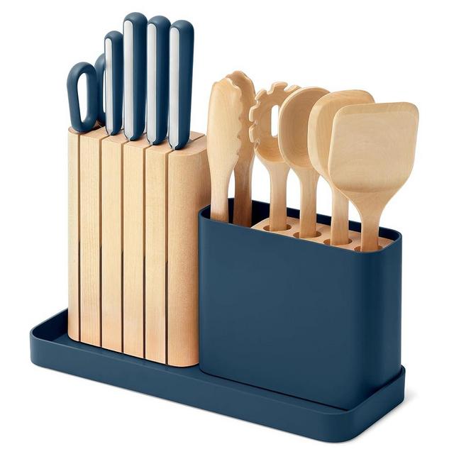 Caraway 14-Piece Kitchen Prep Set - Kitchen Knife Set & Wooden Utensil Set - Made With Premium German Steel Blades & FSC-Certified Birch Wood - Non-Toxic Materials - Includes Organizer - Navy