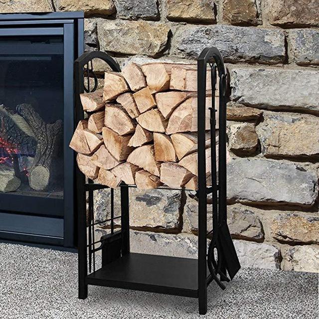 Fireplace Log Rack with 4 Tools Indoor Outdoor Fireside Firewood Holders Lumber Storage Stacking Black Wrought Iron Logs Bin Holder for Fireplace Tool