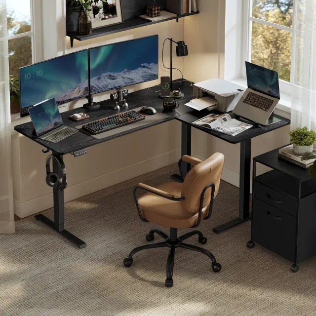 L-Shaped Electric Standing Desk, Corner Desk with Power Outlets, Height Adjustable Computer Desk, Gaming Desk, Ink Black